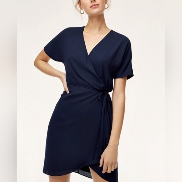 Babaton Dresses & Skirts - Aritzia's Babaton Navy Blue Wallace Short Sleeve Wrap Style Midi Dress XS